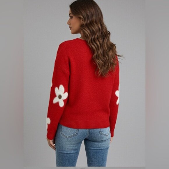 Red Fuzzy Floral Pattern Drop Shoulder Sweater - Picture 4 of 5